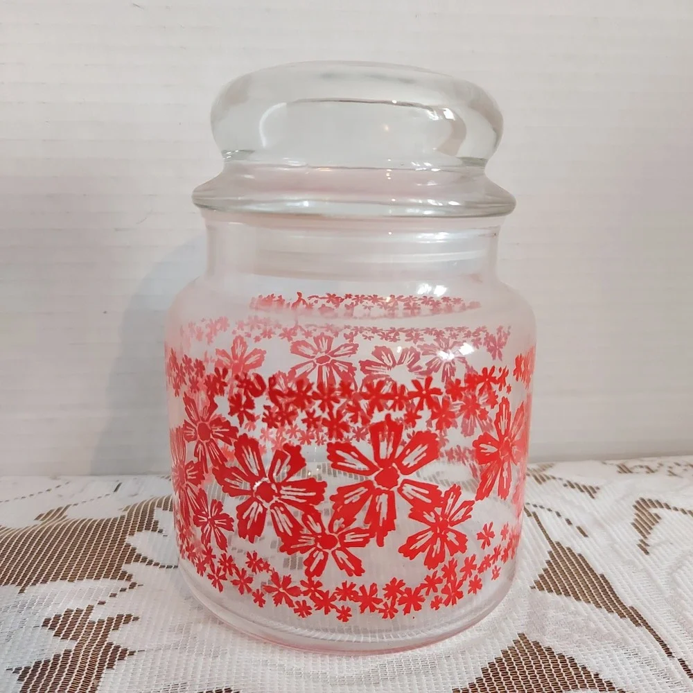 Vintage Red Daisy Floral Clear Glass Apothecary Jar Storage Canister with Lid